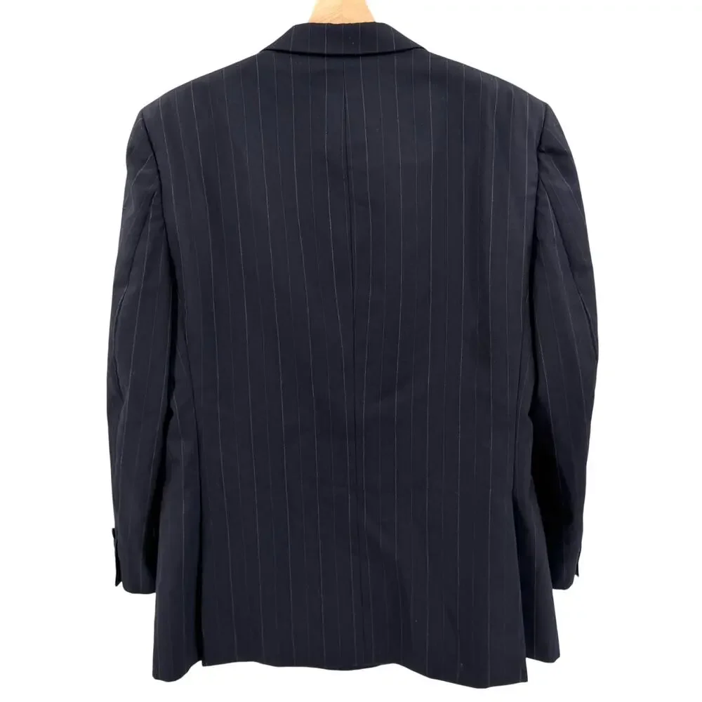 Vintage 90s Burberry Navy Blue 100% Wool Pinstripe Double Breasted Blazer